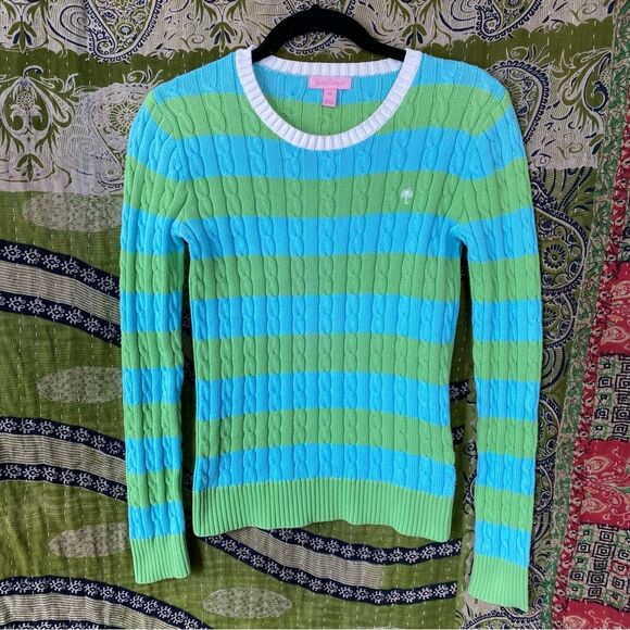 Lilly Pulitzer Sweaters - Y2K Lilly Pulitzer Blue/ Green Logo Striped Cable Knit Sweater Size Extra Small